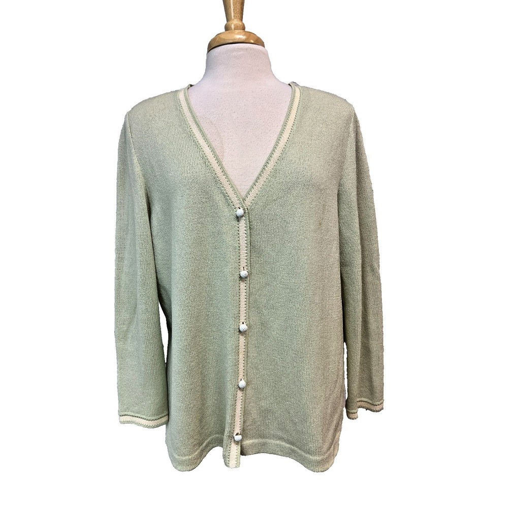 St John Sport‎ Vintage V-Neck Cardigan Sweater Golf Ball Buttons Ivory Trim SZ L